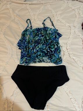 Aqua Green-Blue & Green Patterned Tankini Top with Black Bikini Bottom